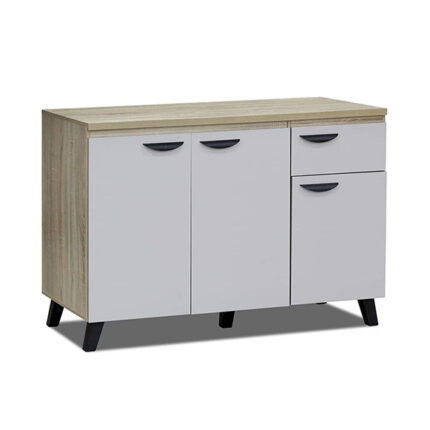 Modern wooden storage cabinet with two doors, one drawer, and light oak top on black legs