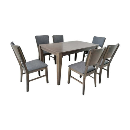Wooden dining table set with six cushioned chairs in grey upholstery
