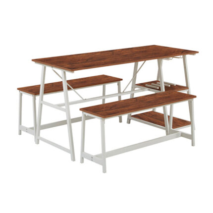 Modern dining set with rectangular wooden table and two matching benches on white metal frames