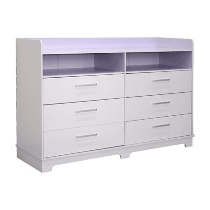 White modern baby dresser with six drawers and two open shelves on top.