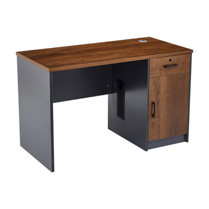 Modern compact desk with wooden top, black sides, drawer, and cabinet storage