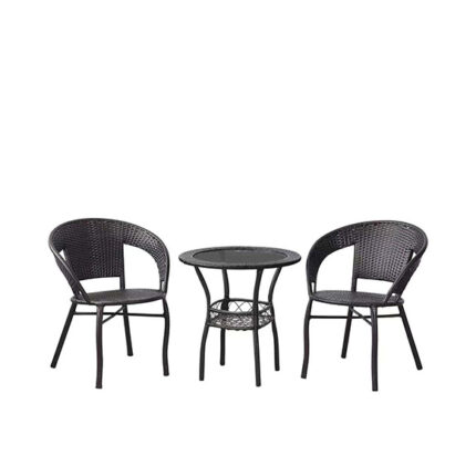 Modern outdoor furniture set with two black wicker chairs and a matching round table