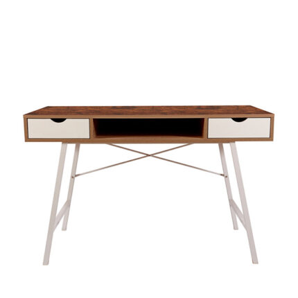 Modern study desk with wooden top, white metal legs, two drawers, and central open shelf
