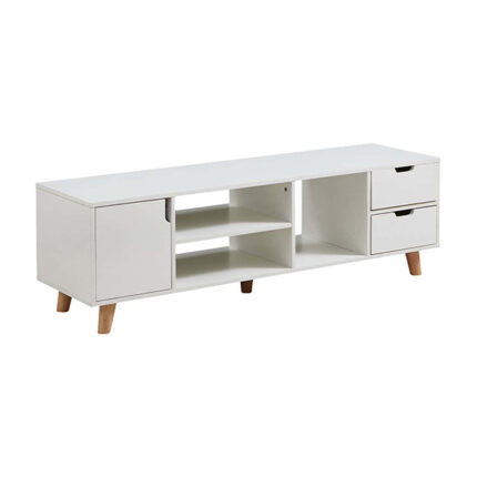 Sleek white TV console with side cabinet, two drawers, and central open shelves on angled wooden legs