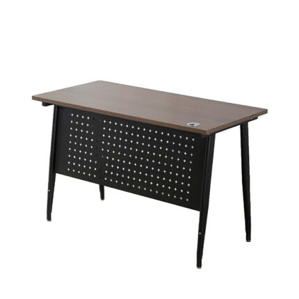 Rectangular office desk with a wooden top, black metal legs, and a perforated modesty panel.
