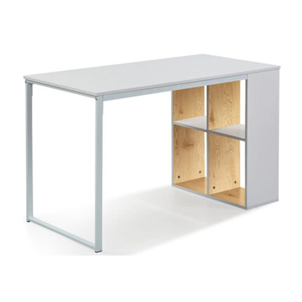 Modern white office desk with open wooden cube storage on one side