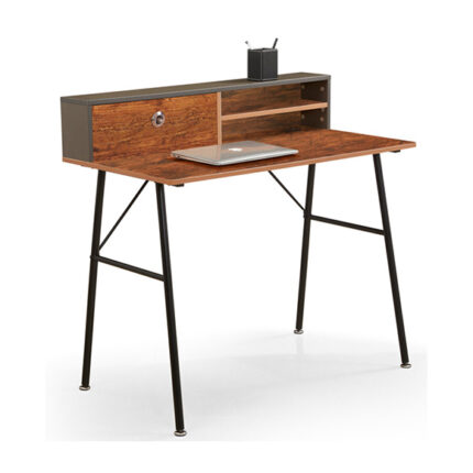 Sleek wooden study desk with black metal legs, side cabinet, and open shelves