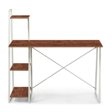 Modern study desk with wooden top, white metal frame, and four-tier open side shelves